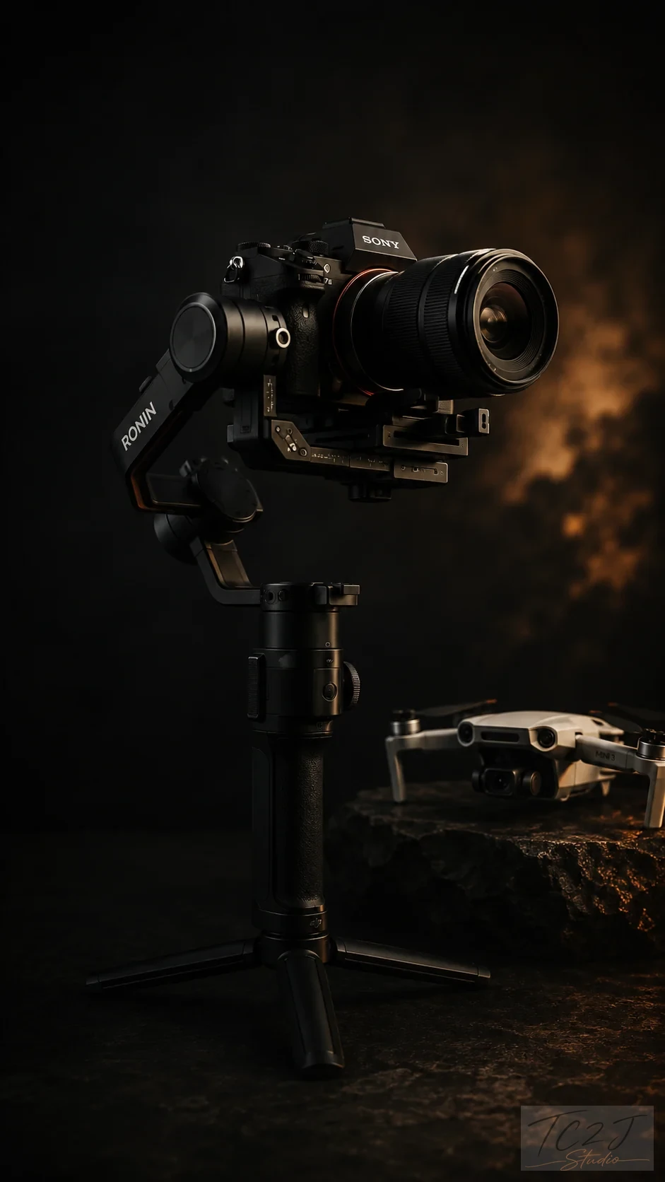 Sony Alpha A7 II installé sur un stabilisateur DJI Ronin S avec un drone DJI Mini 3